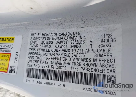 2024 Honda Civic Sport z USA, uszkodzony, nr VIN 2HGFE2F51RH520292